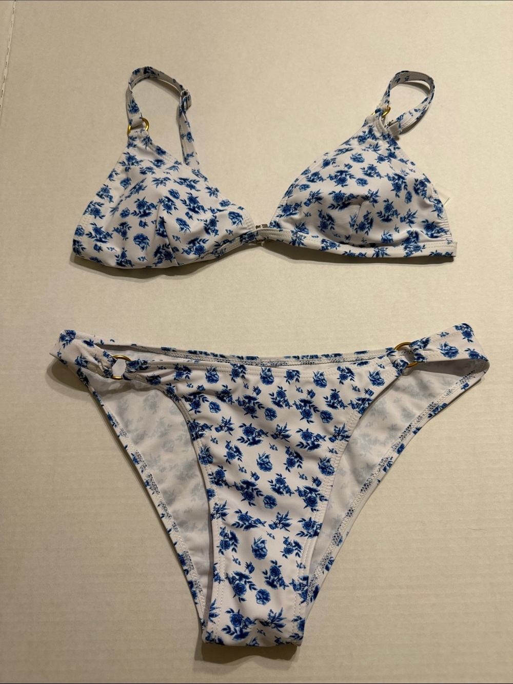 SHEIN White and Blue Floral Bikini Set